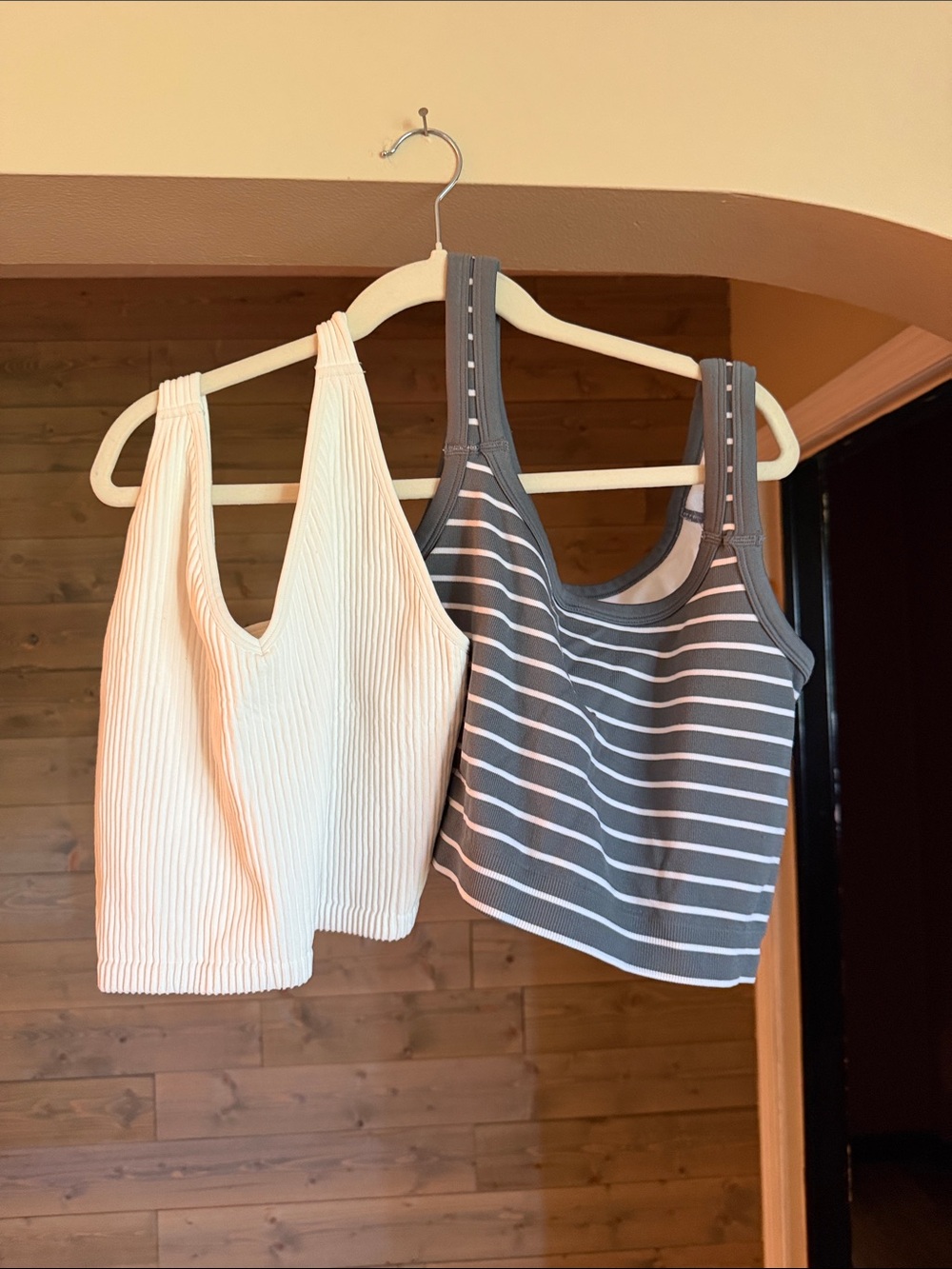 lululemon athletica Cream Ribbed V‑Neck Tank & Gray Striped Scoop Crop Set